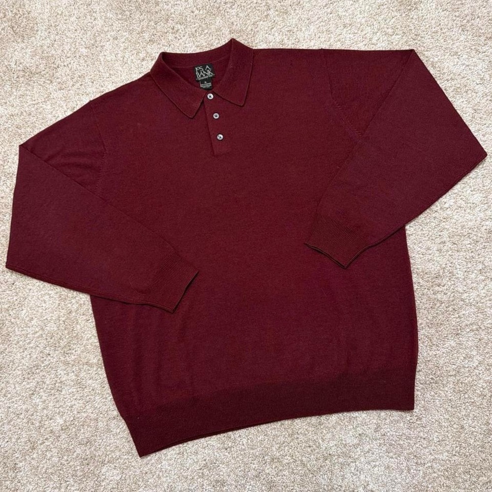 JOS. A. Bank Merino‎ Wool Long Sleeve Polo Sweater | Burgundy | XL